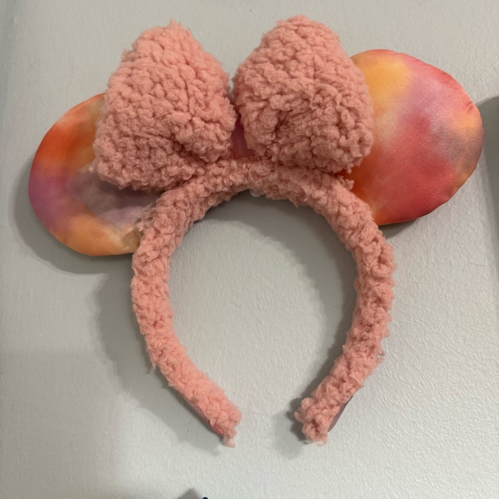 Disney Parks Minnie Mouse Ears Headband Pink Sherpa Fleece Tie Dye Bow Accessory